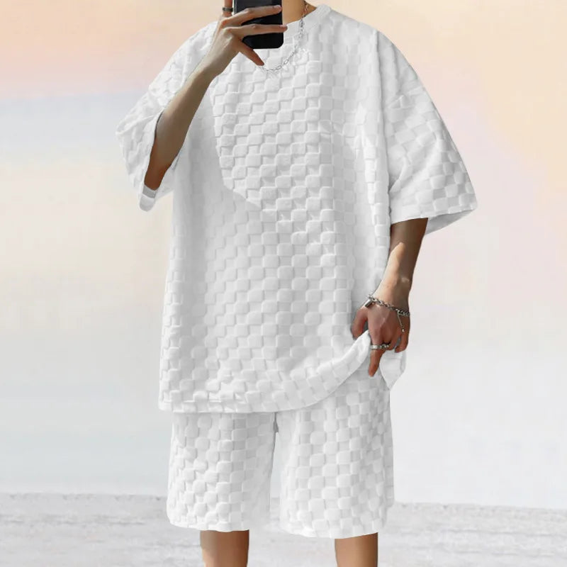 Men's Oversized Chessboard Plaid Shirt & Shorts Set – Loose Summer Leisure 2-Piece