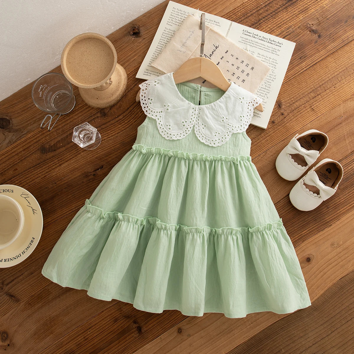 Baby Girl Cotton Beach Dress — Sleeveless Solid Color Lapel Dress