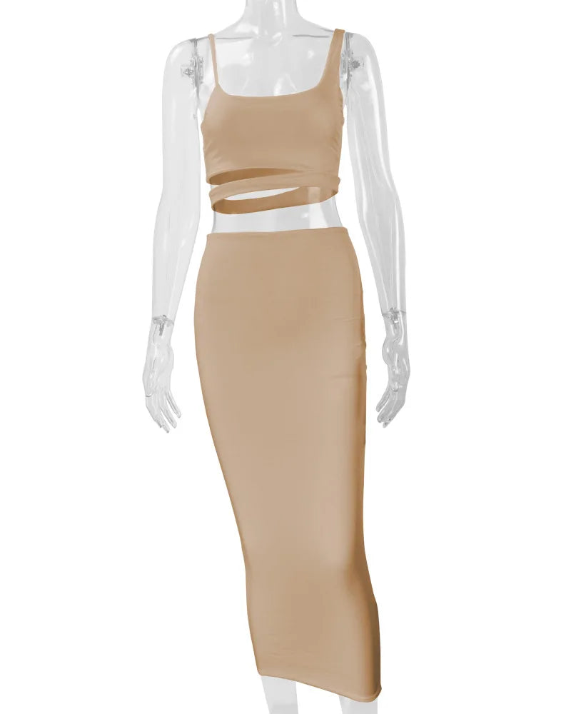 Sexy Pleated Hollow-Out Two-Piece Dress — Elegant Long Night Party Dress