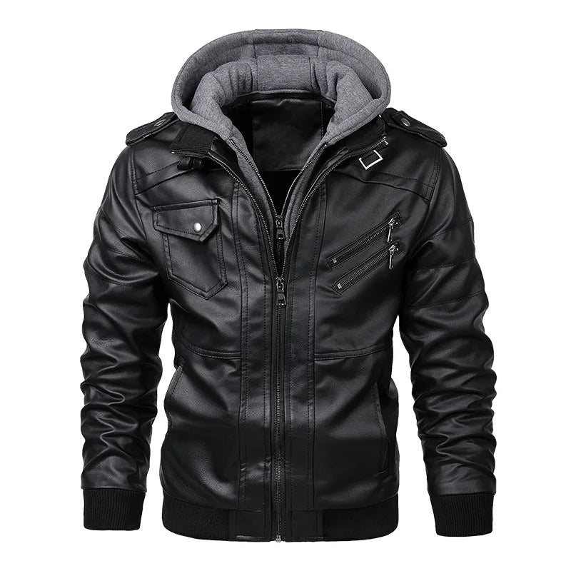 Men's Faux Leather Biker Jacket – Detachable Hood