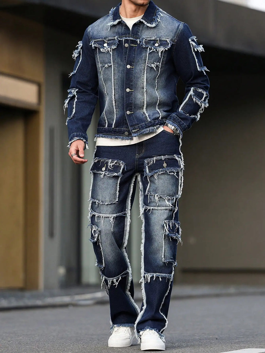 Men's Denim Suit & Wide Straight-Leg Pants Set – Multi-Pocket Spring Autumn Casual 2-Piece