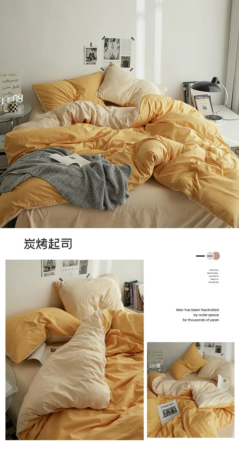 Solid Color Washed Cotton Bedding Set – 4-Piece Duvet Cover, Bed Sheet & Pillowcases, Twin to King