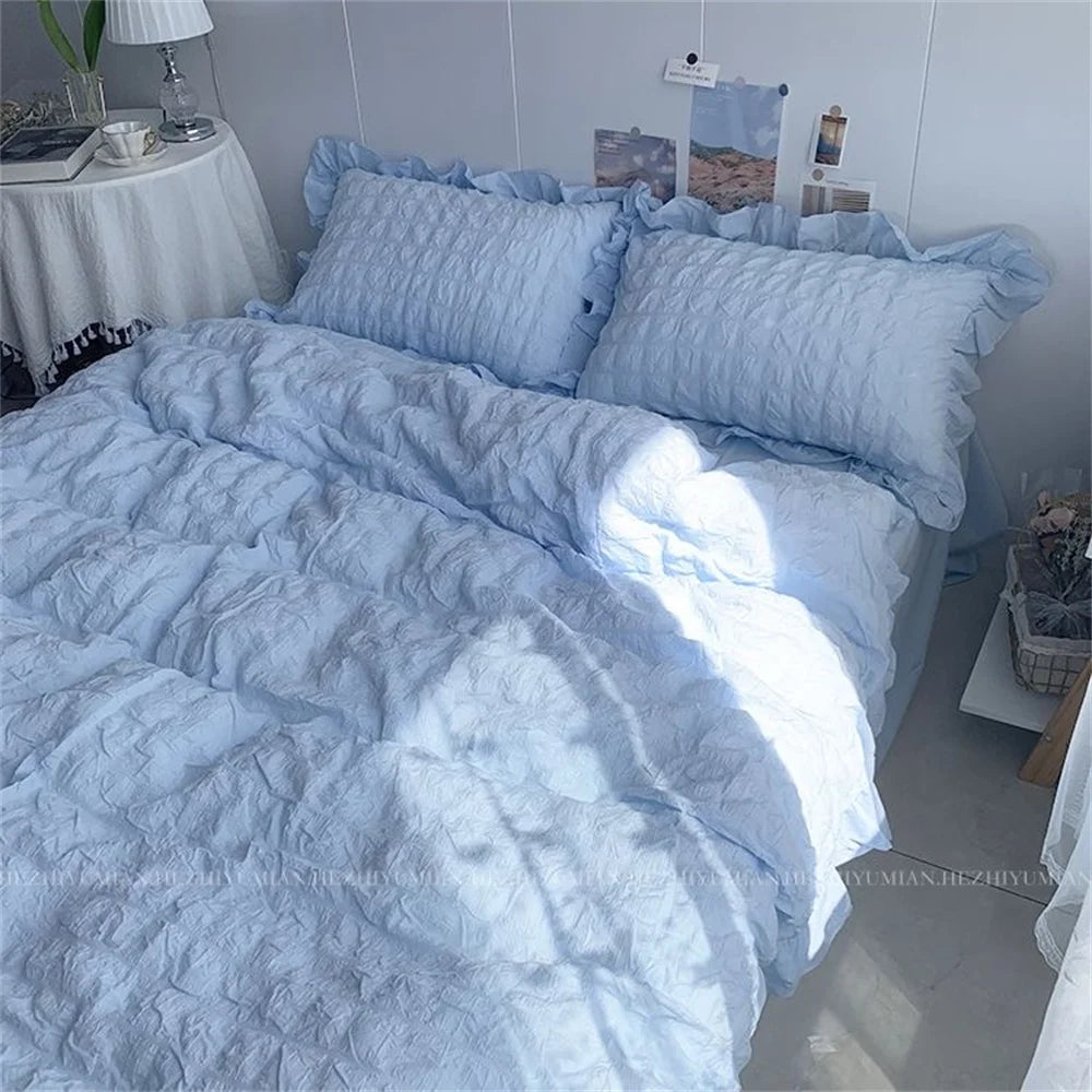 Girls Blue Seersucker Ruffle Bedding Set – Kawaii Soft Duvet Cover with Pillow Cases