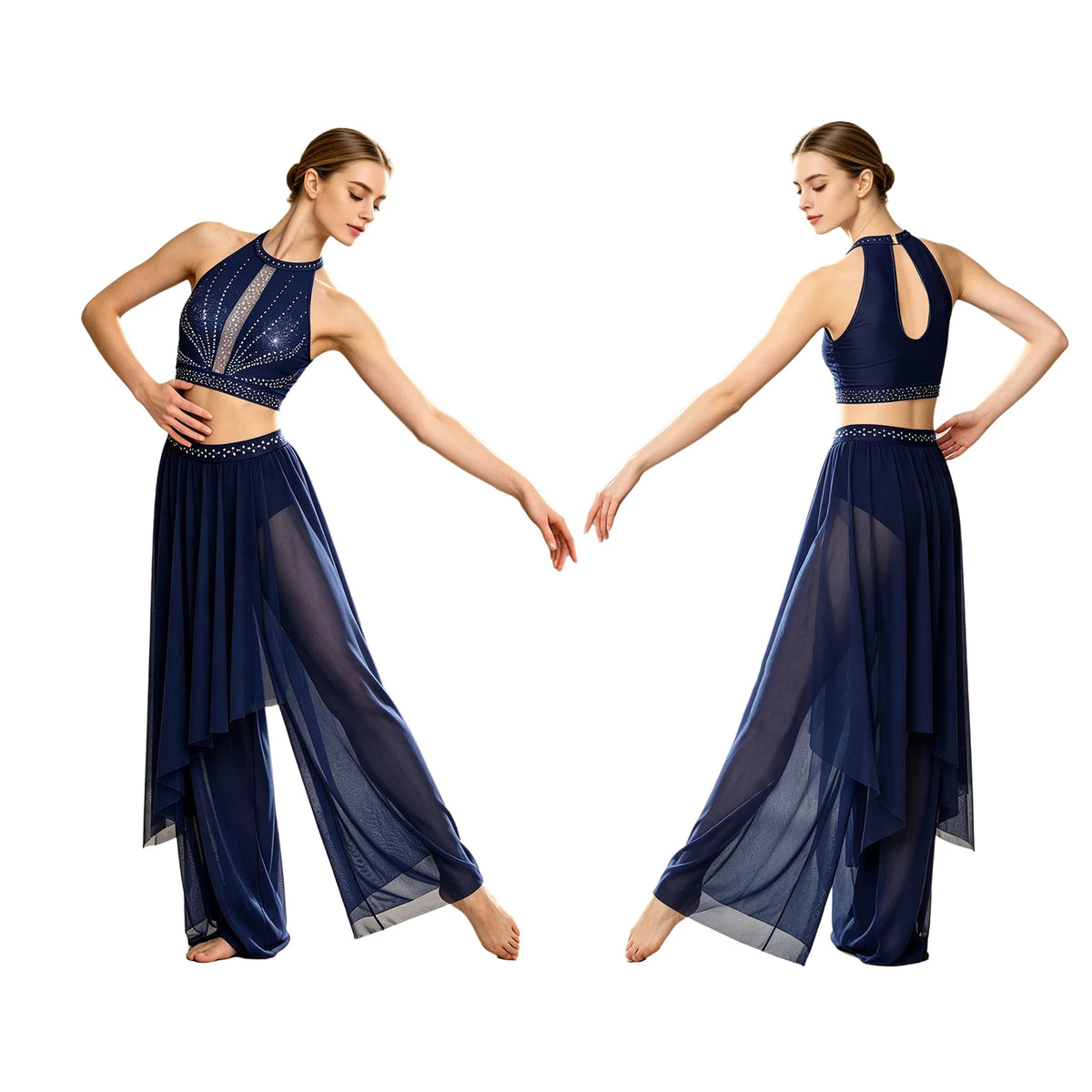 Women's Dance Performance Costume – Shiny Crop Top & Sheer Pants for Skating, Gymnastics & Ballet