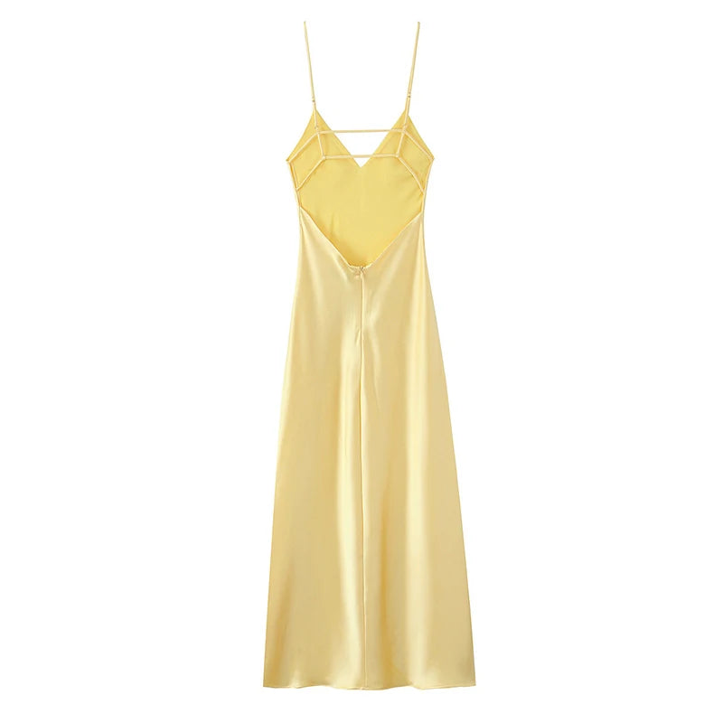 Butter Yellow Satin Bias Cut Lace Patchwork Midi Dress – V-Neck Backless Y2K Party Dress
