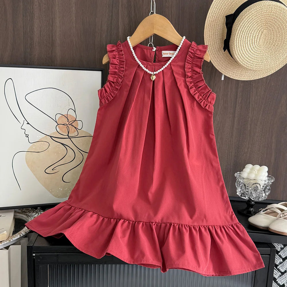 Korean Sleeveless Pleated Girls Dress — Solid Color Round Neck Summer Kids Dress