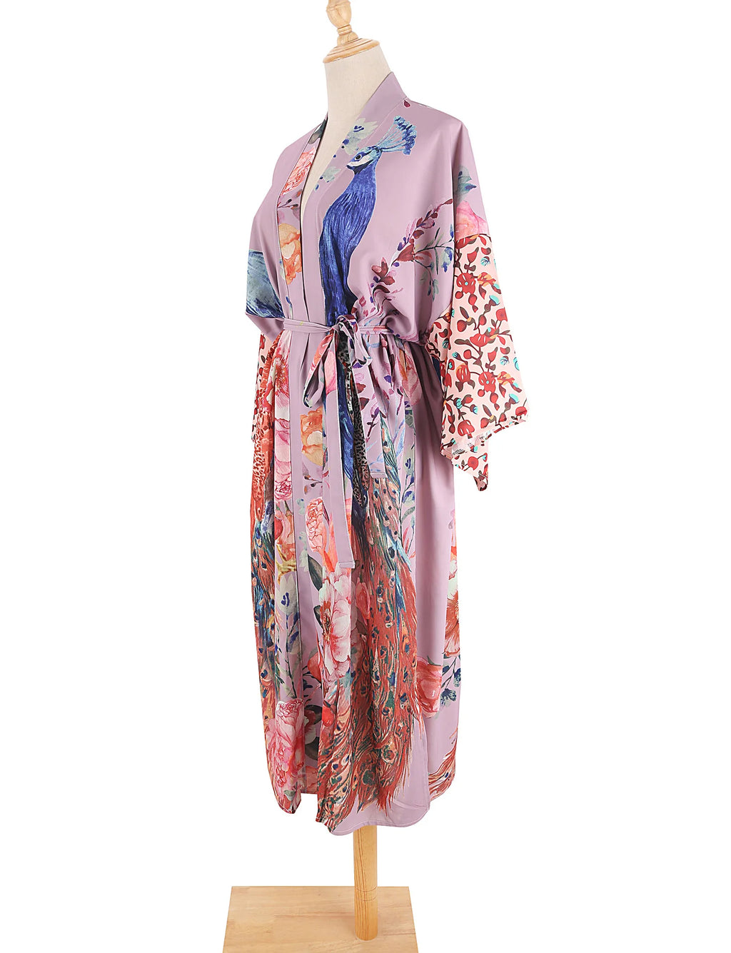 Peacock Print Beach Kimono Cover-Up — Self-Belted Wrap Dress Swimsuit Cover