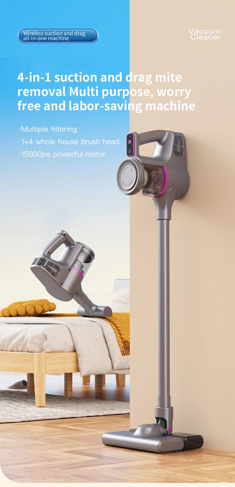 Cordless Vacuum Cleaner 15000Pa — 2-in-1 Stick & Handheld, Lightweight for Carpet, Hardwood Floor, Pet Hair & Car