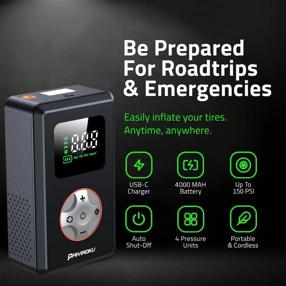 Portable tire inflator with digital display on a dark background, featuring text about road trips and emergencies.