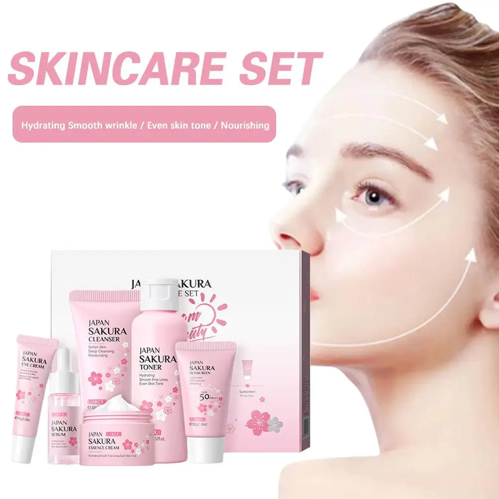 LAIKOU Sakura 6-Piece Skincare Gift Set – Full Routine with Cleanser, Toner, Serum, Eye Cream, Cream & Sunscreen