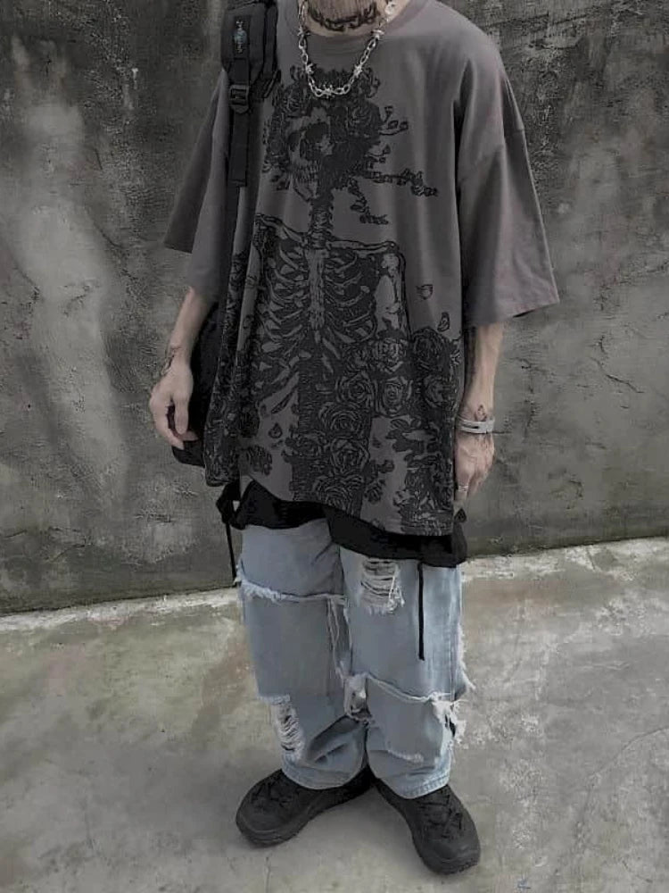 Men's Gothic Skull Oversized T-Shirt — Dark Anime Vintage Streetwear Tee