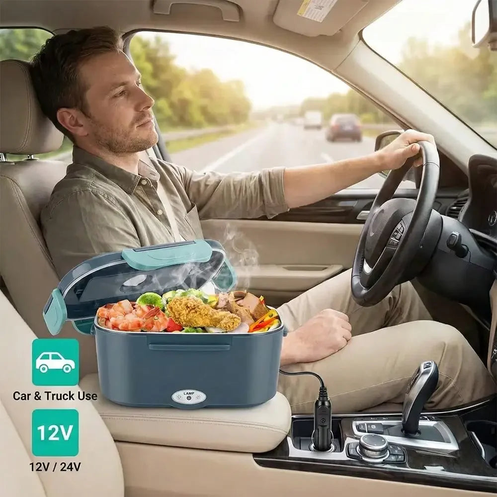 Man driving a car with a portable food warmer on his lap, showing food heating up.
