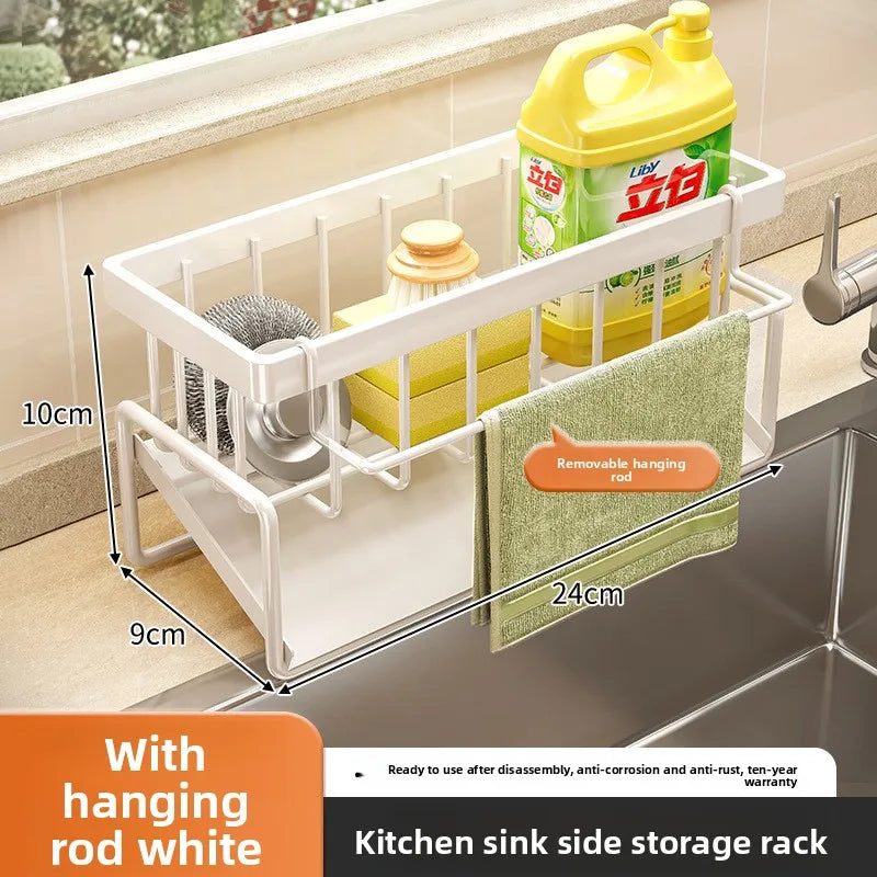 Kitchen Sponge Holder & Sink Drain Rack – Dish Cloth & Scrubber Organizer with Hanging Hook