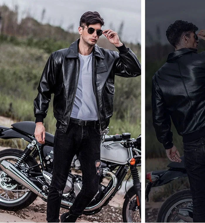 Men's Black Glossy Genuine Cowhide MA-1 Flight Jacket — Military Bomber with Point Collar