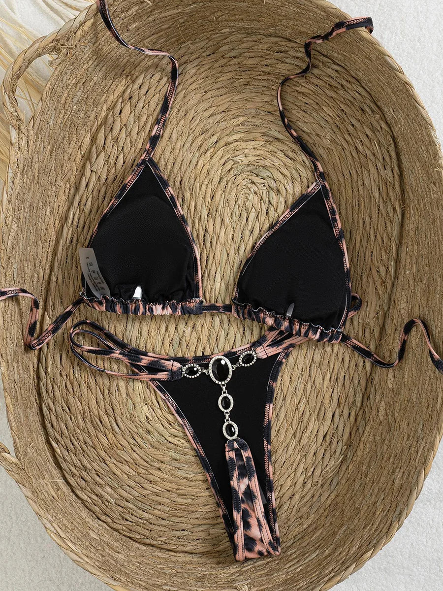 Extreme Mini Micro G-String Diamond Bikini | Rhinestone Halter, 2-Piece Swimsuit, Women's Swimwear 2026 S-L