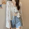 Women's Vintage Sheer Lace Blouse – Long Sleeve See-Through Sun Shirt Korean Style Casual Top