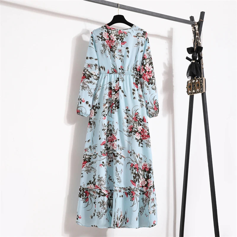 Women Long Dresses Spring Summer Casual Full Sleeve Floral geometry Printed O neck Woman Bohe Beach Party Dress Mujer Vestidos