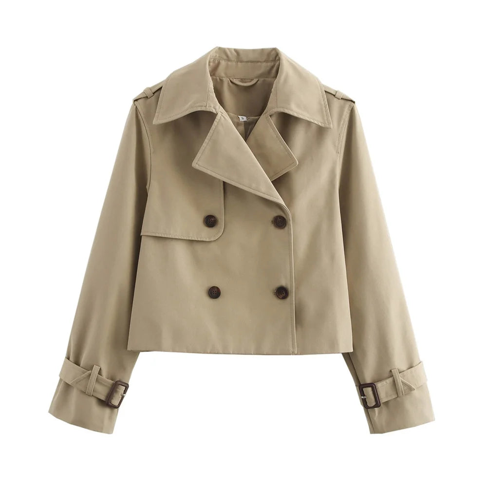 Women's Vintage Cropped Trench Jacket – Double-Breasted High-Waist Streetwear Coat