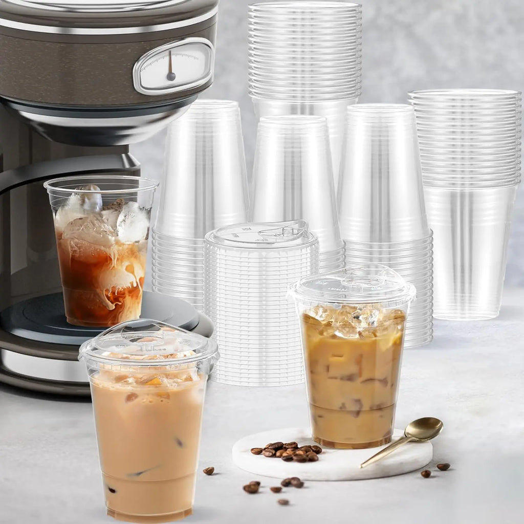 Clear Disposable Plastic Cups with Sip Lids – Iced Coffee & Smoothie Cups, 12/16/20oz, 20 or 50 Pack