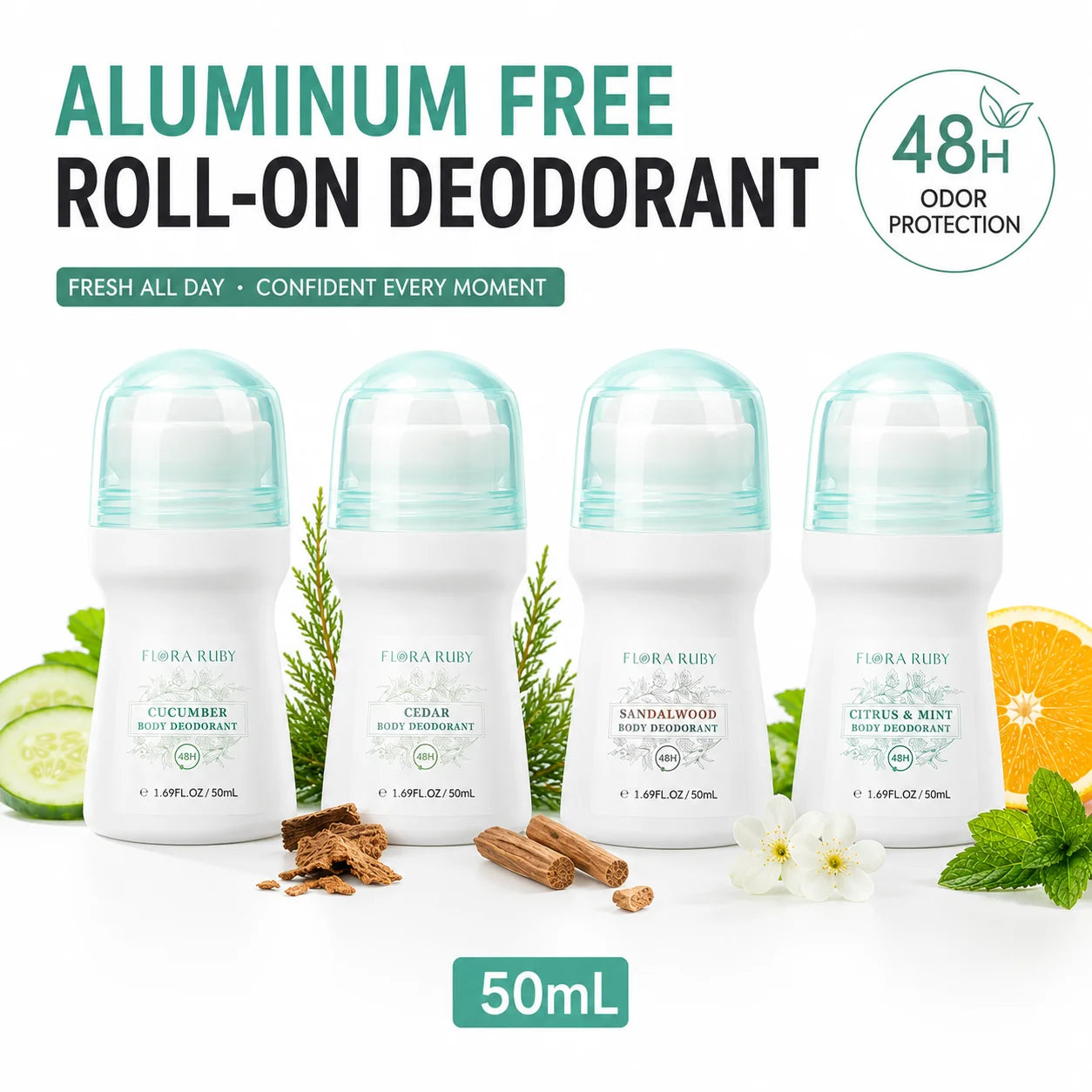Aluminum-Free Roll-On Deodorant 50ml – Multi-Pack Body Care (Cucumber, Cedar, Sandalwood, Citrus Mint)