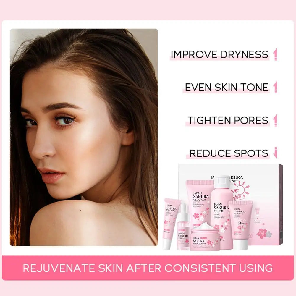 LAIKOU Sakura 6-Piece Skincare Gift Set – Full Routine with Cleanser, Toner, Serum, Eye Cream, Cream & Sunscreen