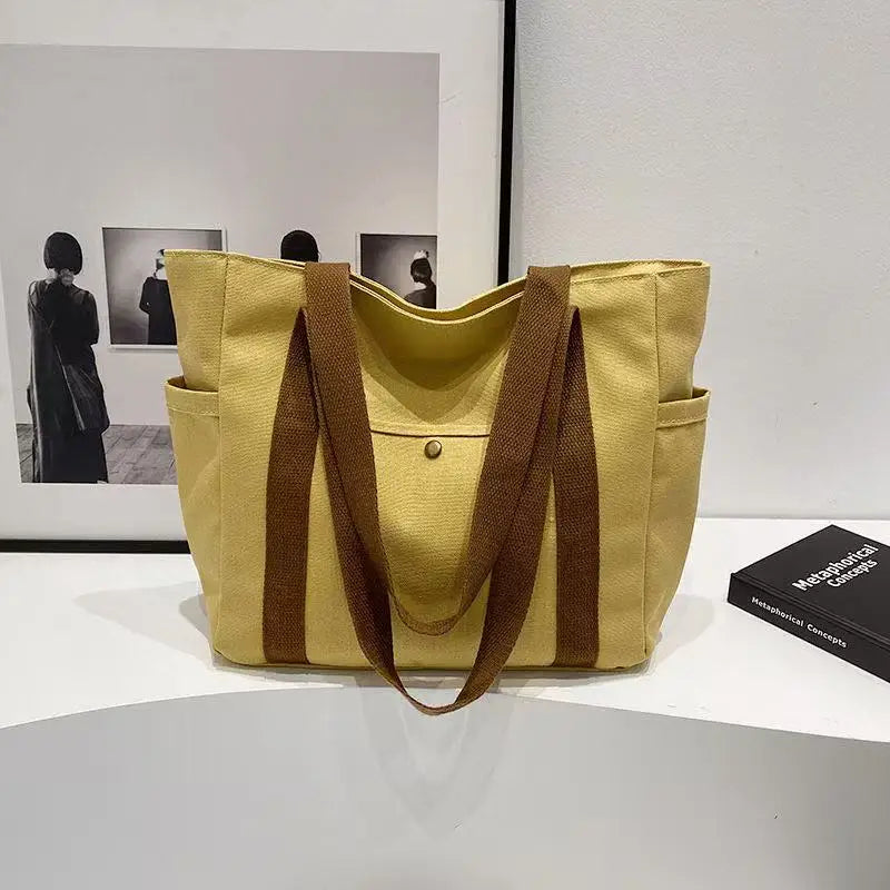 Large Capacity Canvas Tote Bag – College Style Work Commuter Shoulder Bag with Laptop Compartment for Women