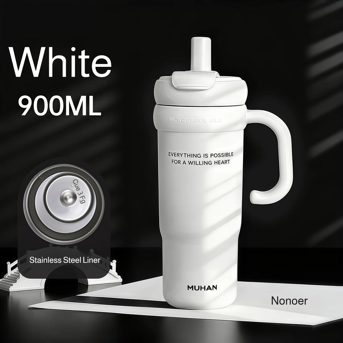 900ml Ceramic Interior Tumbler with Handle & Straw – 201 SS Shell, Dishwasher Safe, 24Hr Cold, Modern Minimalist, 3 Colors