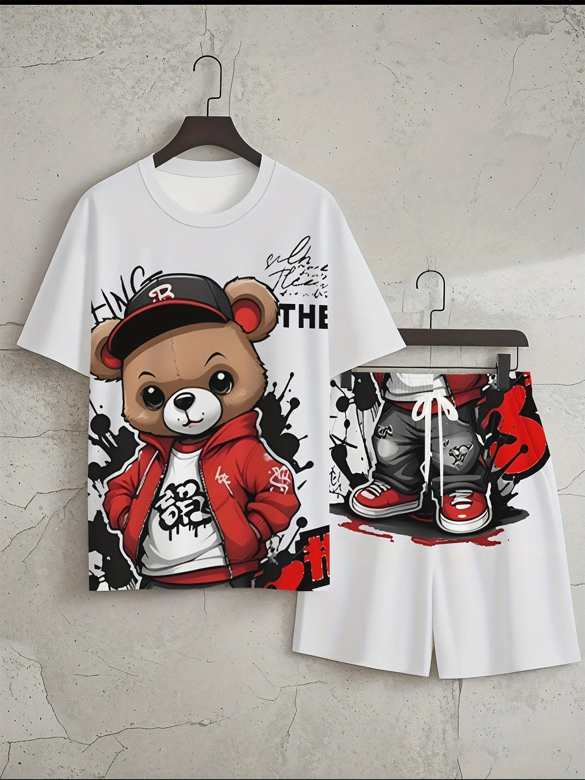Men's Teddy Bear Print T-Shirt & Shorts Set – Soft Breathable Summer Co-Ord