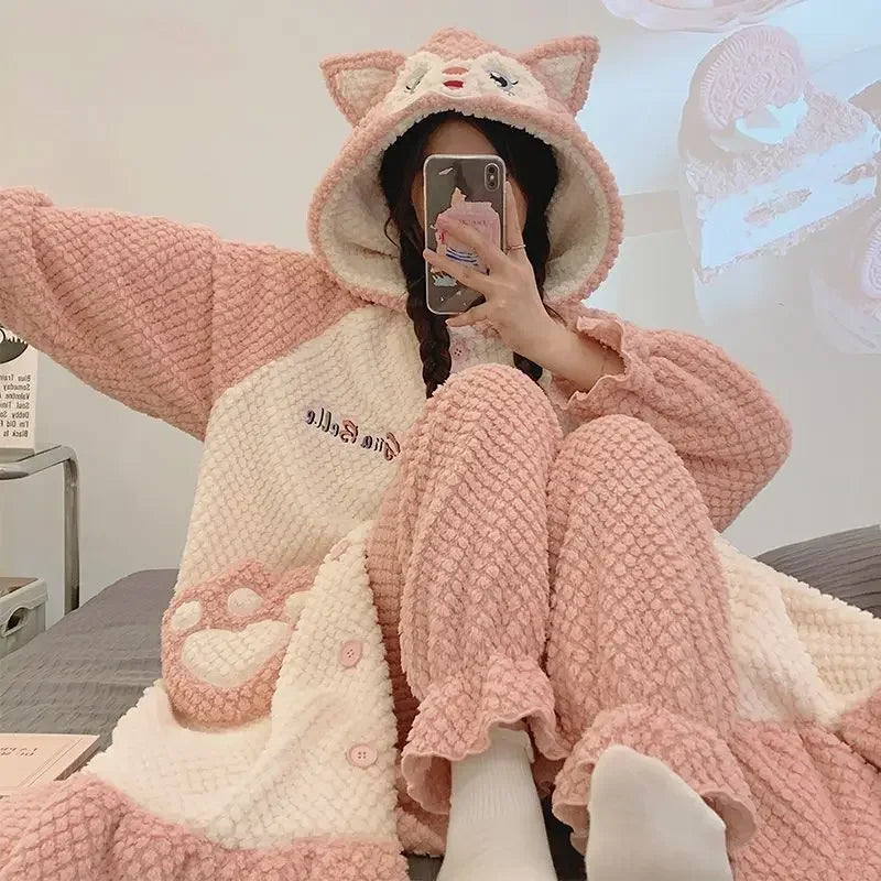 Women's Kawaii Coral Velvet Hooded Pajamas | Thickened Flannel Casual Homewear Suit