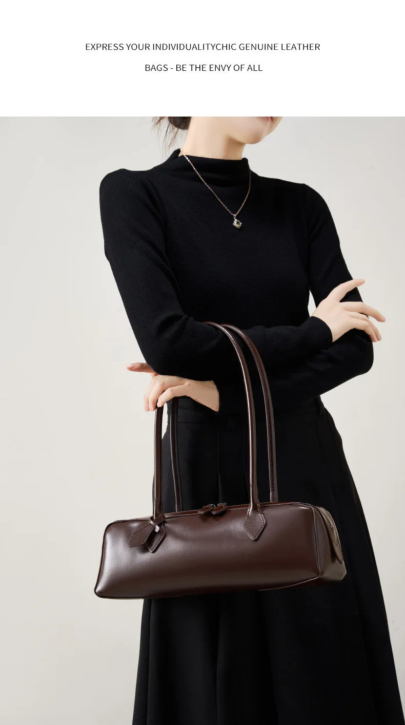 Vintage Genuine Leather Baguette Shoulder Bag – Korean Luxury Underarm Handbag for Women