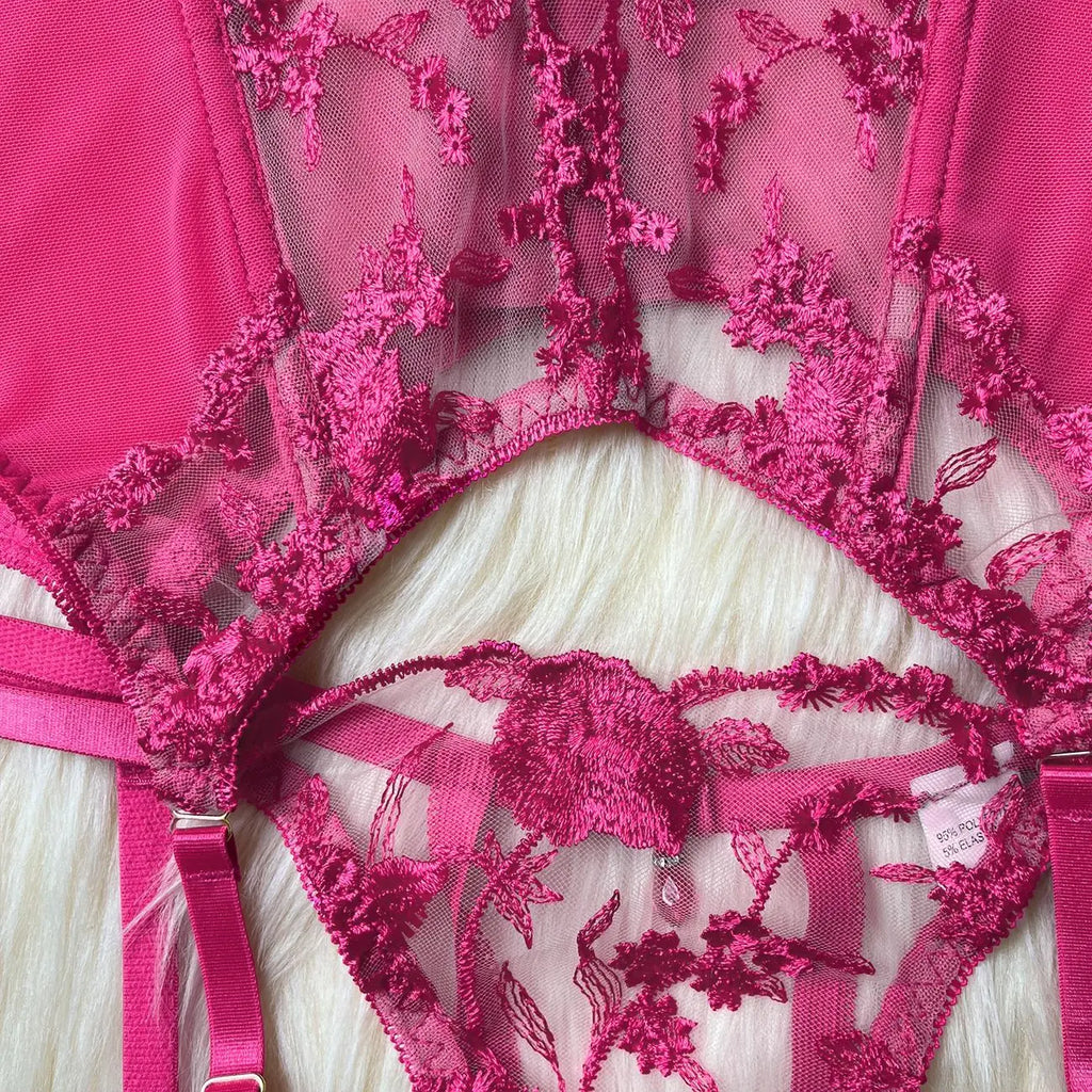 Sheer Embroidery Bra & Brief Set — Transparent Lace Underwear Suit