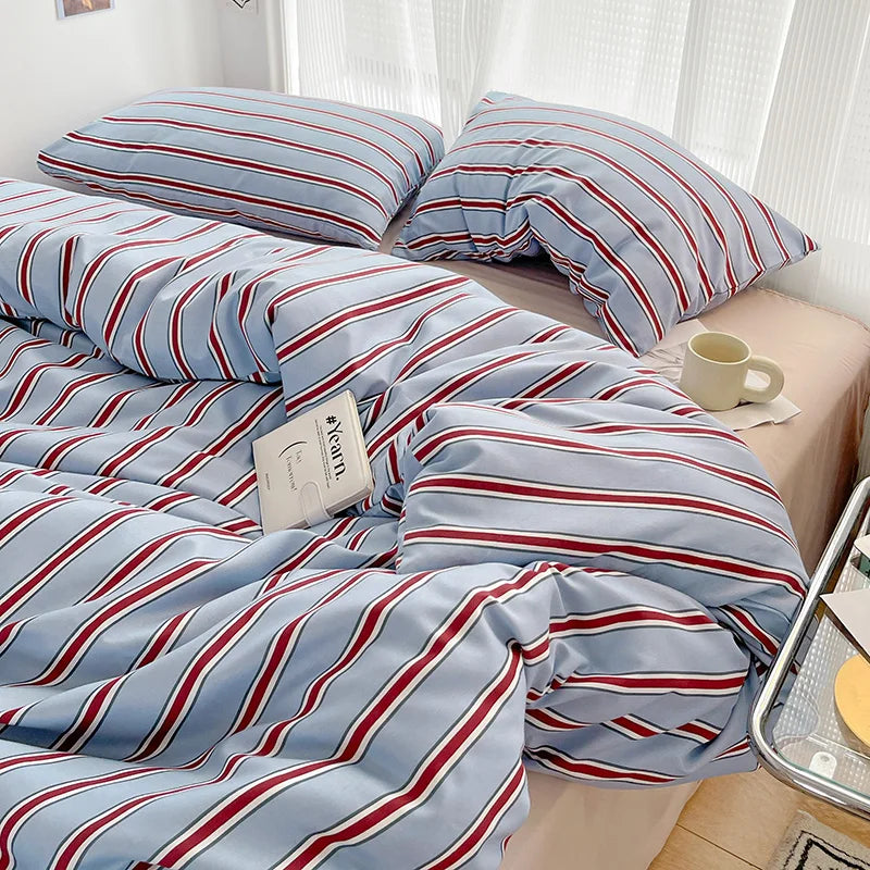 Red & Blue Striped Duvet Cover Set – Washed Cotton Bedding, 3 or 4 Piece, Twin to King