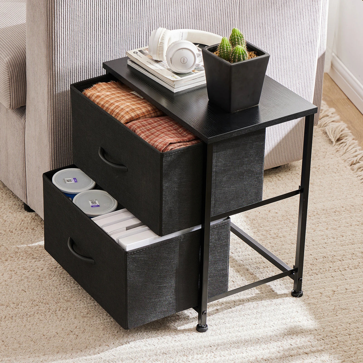 JHK Nightstand & Bedside Table – 2 Fabric Drawers, Storage Cabinet for Bedroom, Coffee & Sofa Side Table