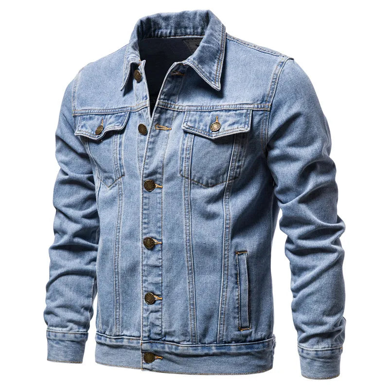 Men's Slim Fit Denim Jacket — Vintage Motorcycle Jean Coat in Black & Blue