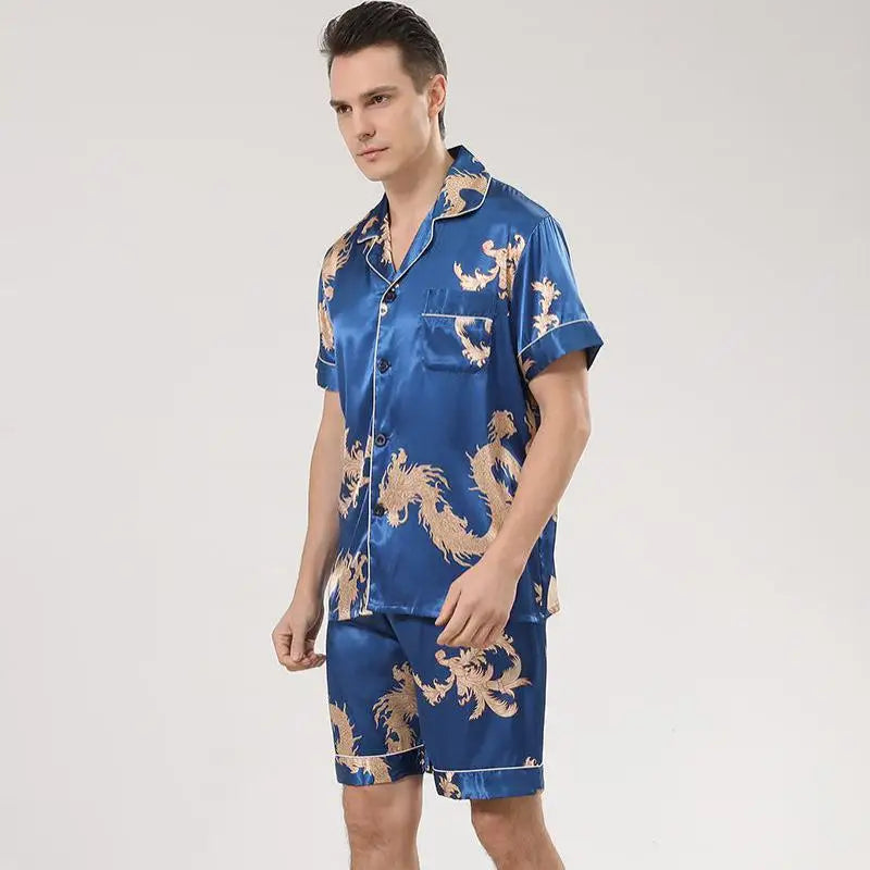 Men's Dragon Print Satin Pajama Set — Lapel Shirt & Shorts