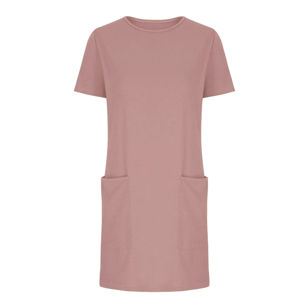 Solid Color Pocket Casual Sports Dress — Short Sleeve O-Neck A-Line Knee-Length Dress