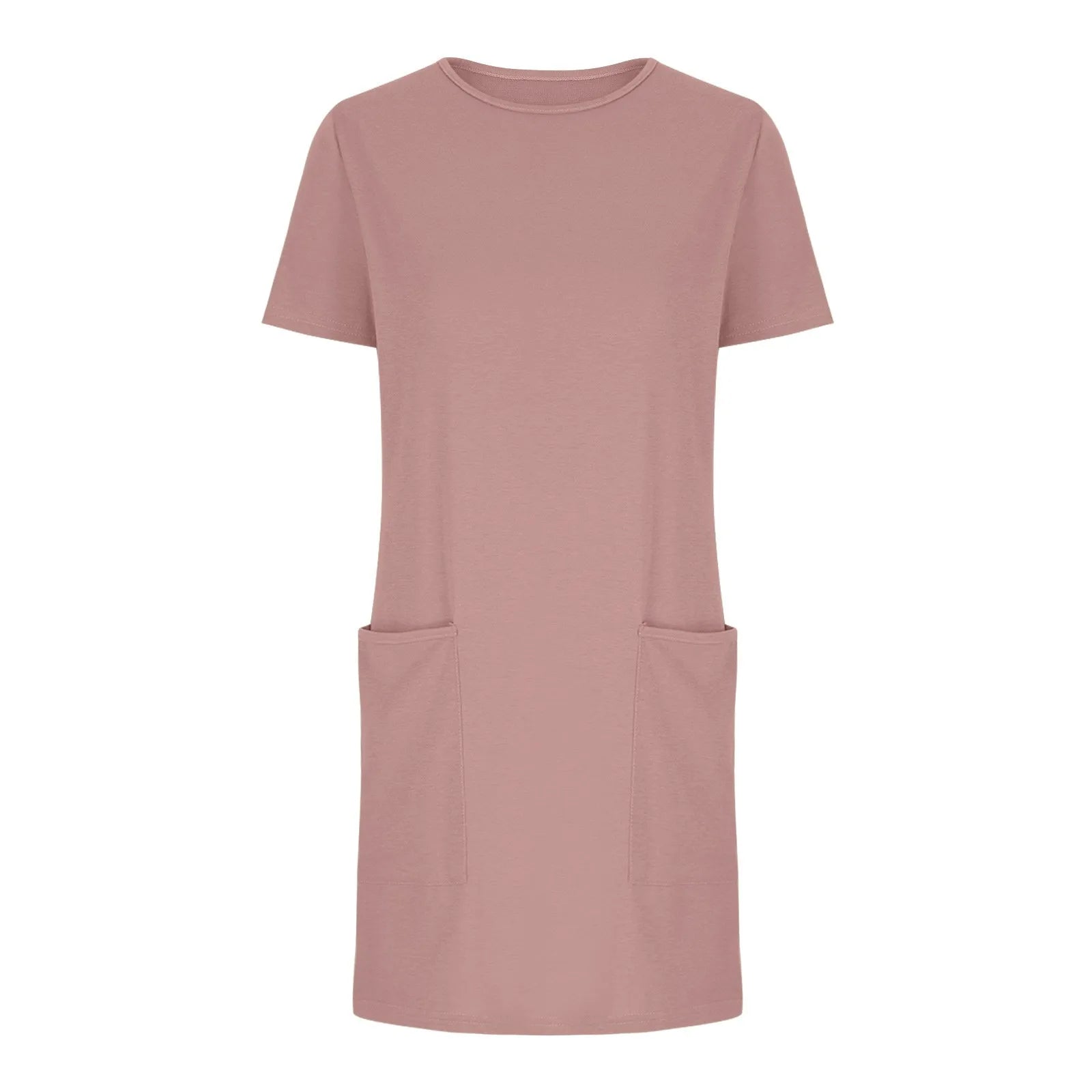 Solid Color Pocket Casual Sports Dress — Short Sleeve O-Neck A-Line Knee-Length Dress
