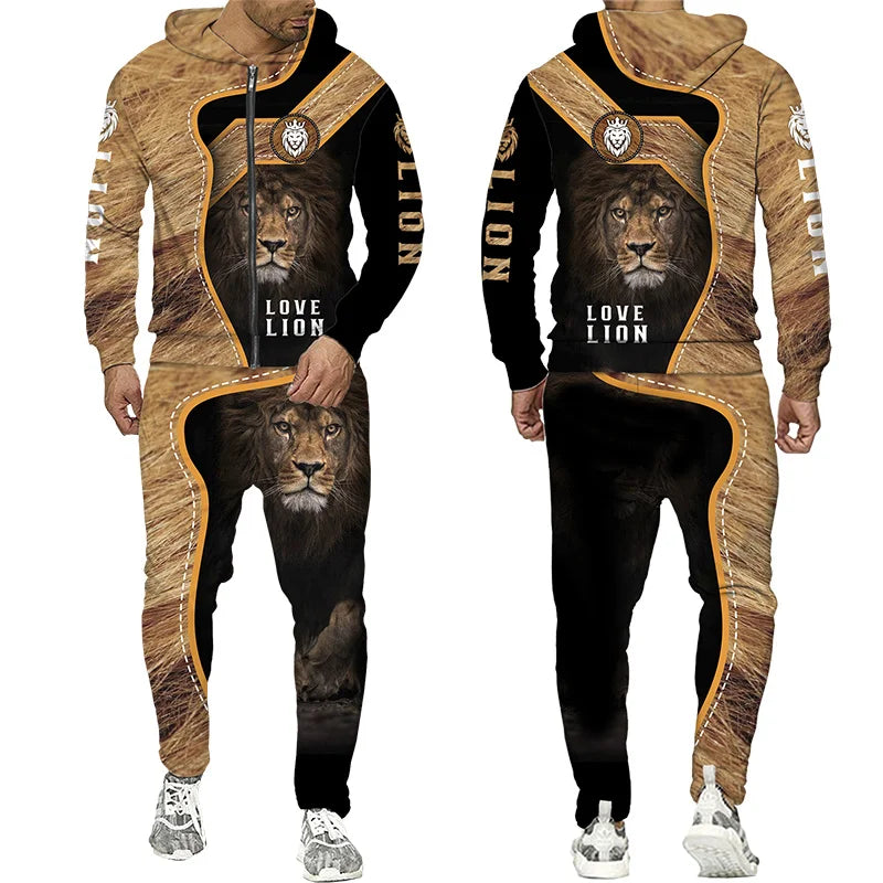 Men's 3D Lion Print Zip-Up Hoodie & Elastic Waist Pants Tracksuit Set
