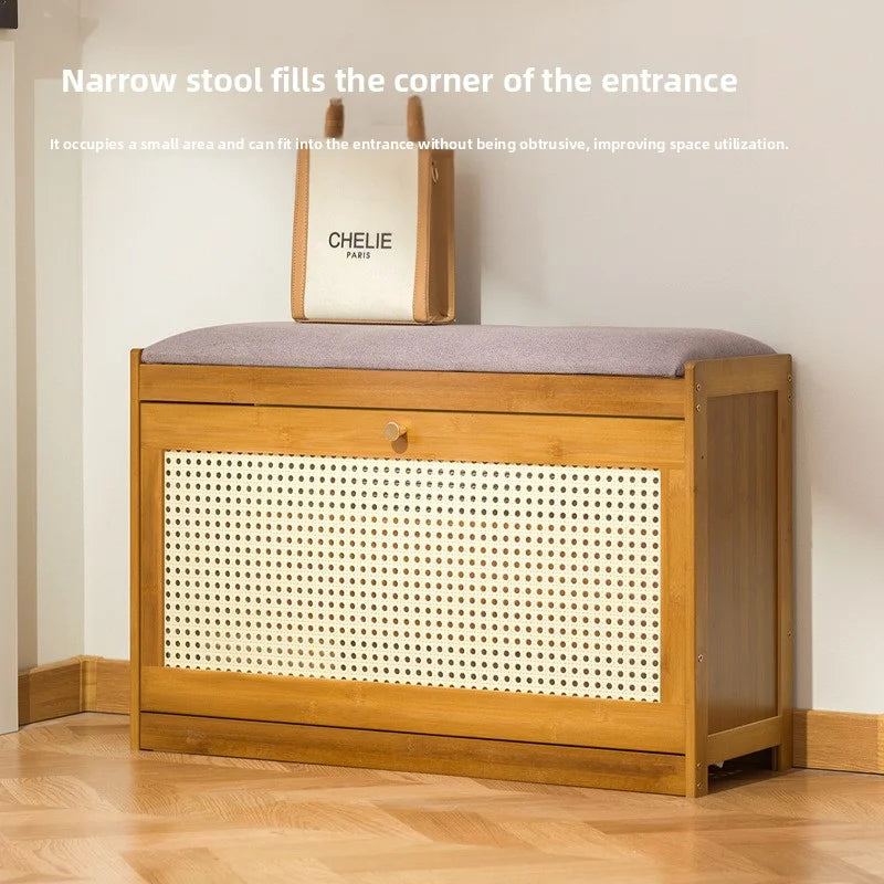 Bamboo & Wood Cushioned Shoe Stool — Entryway Bench