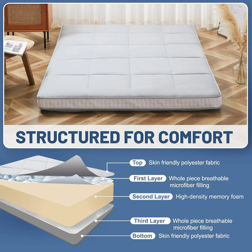Queen-Size Comfort on the Floor — Extra Thick Japanese Futon Mattress 60"x80" | 3-Layer Memory Foam, Foldable Tatami Mat