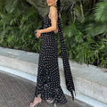 Elegant Polka Dot Halter Pleated Maxi Dress – Ruffle Sleeveless Evening & Party Dress