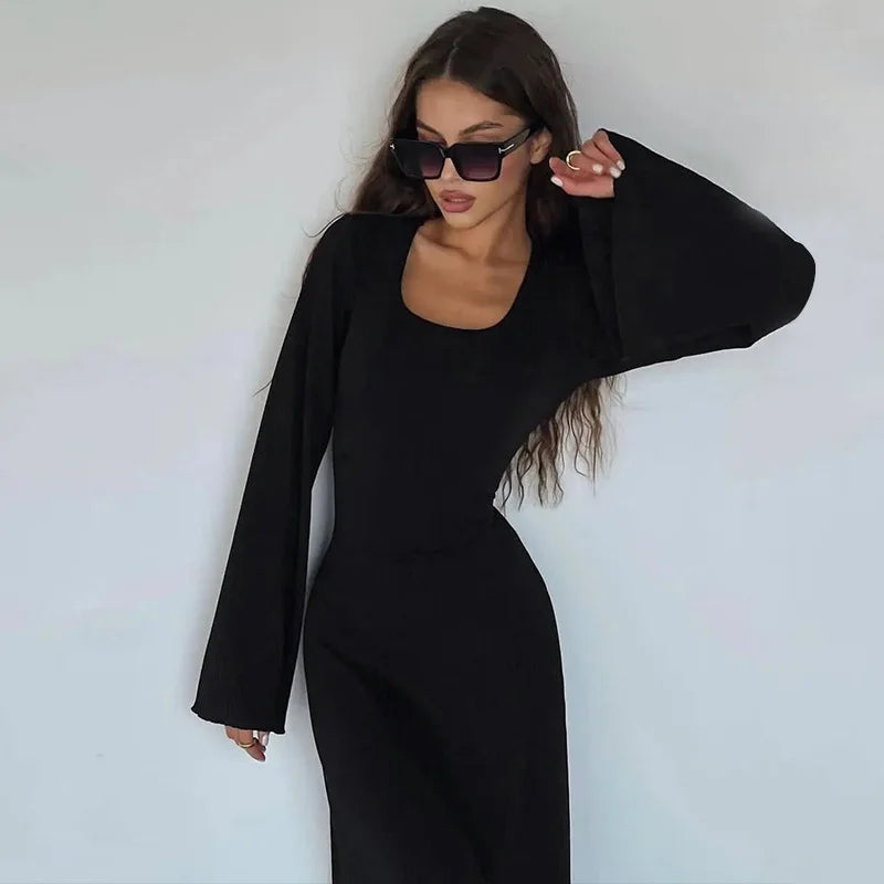 Long Flare Sleeve Maxi Dress — Slim Lace-Up Floor-Length Casual Office Dress
