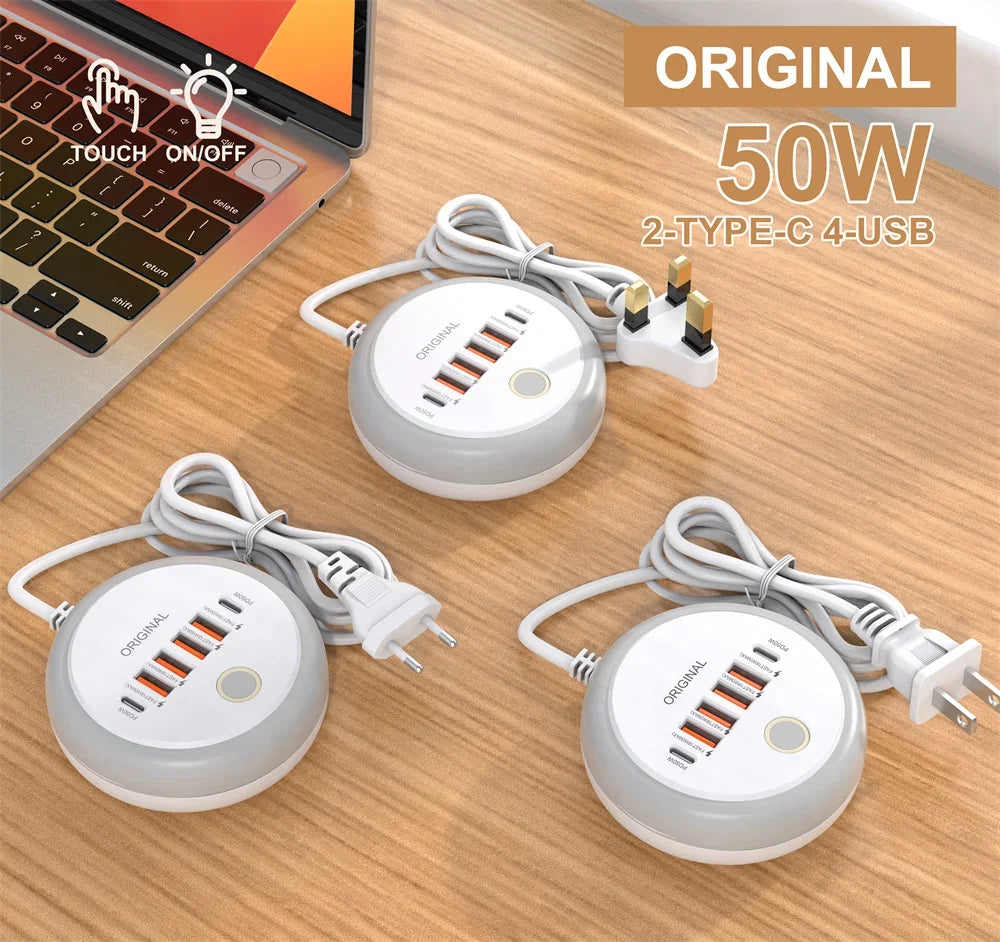50W Multi-Port Power Strip — USB-C PD & USB-A Fast Charging Desktop Charger