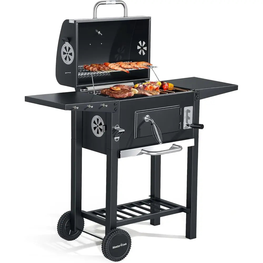 Portable Outdoor BBQ Grill | 353 Sq. In., Foldable Side Tables, 3-Level Charcoal Tray, 360° Wheels, Removable Ash Collector