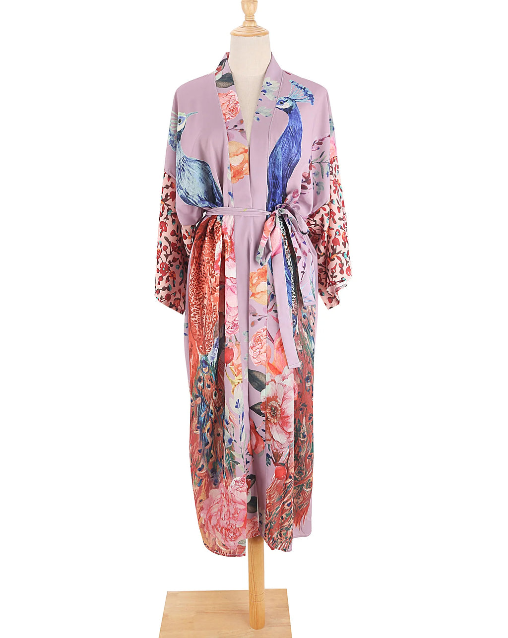 Peacock Print Beach Kimono Cover-Up — Self-Belted Wrap Dress Swimsuit Cover