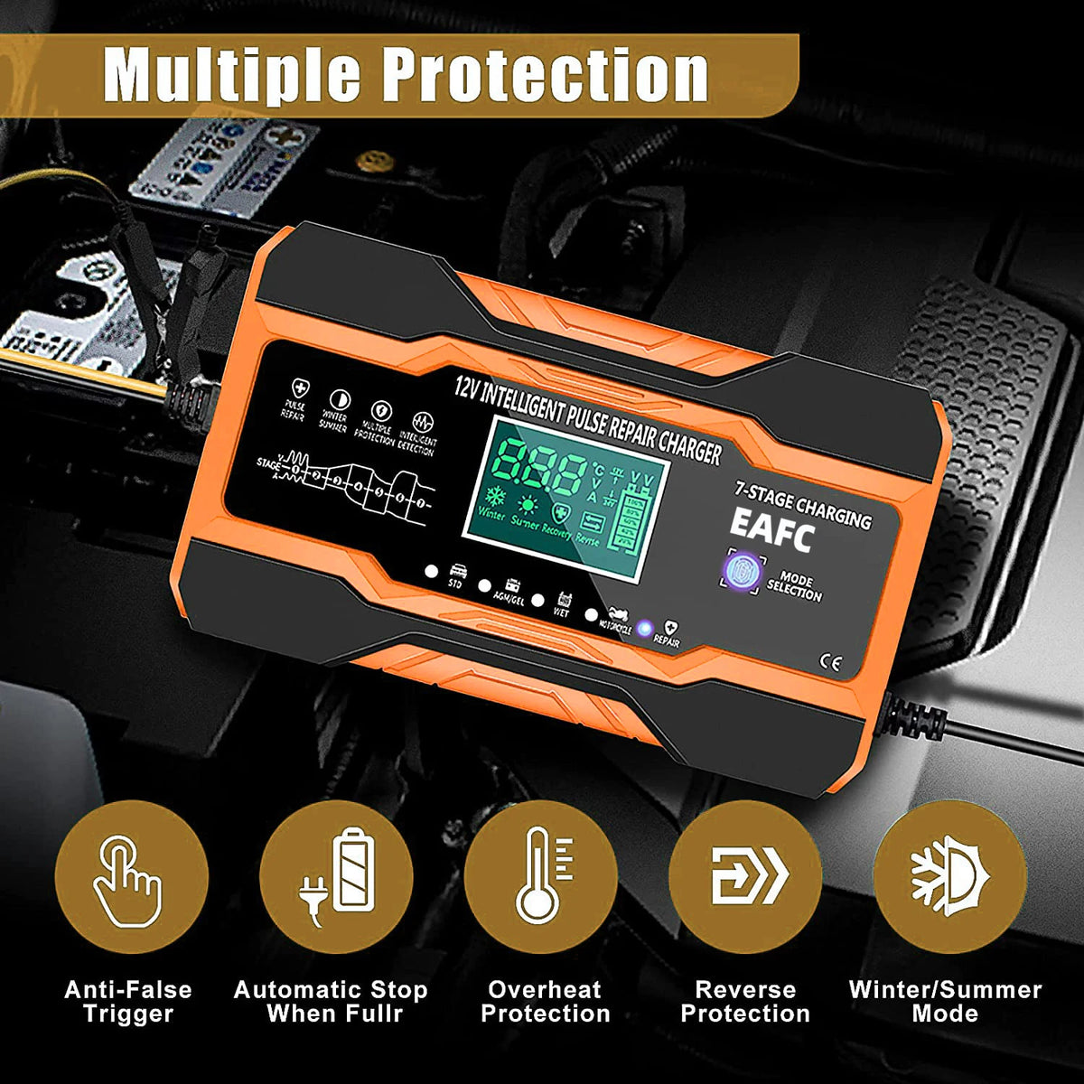 12V/24V Smart Battery Charger – 7-Stage Fast Charging & Pulse Repair for AGM, GEL, WET & Lead Acid Batteries