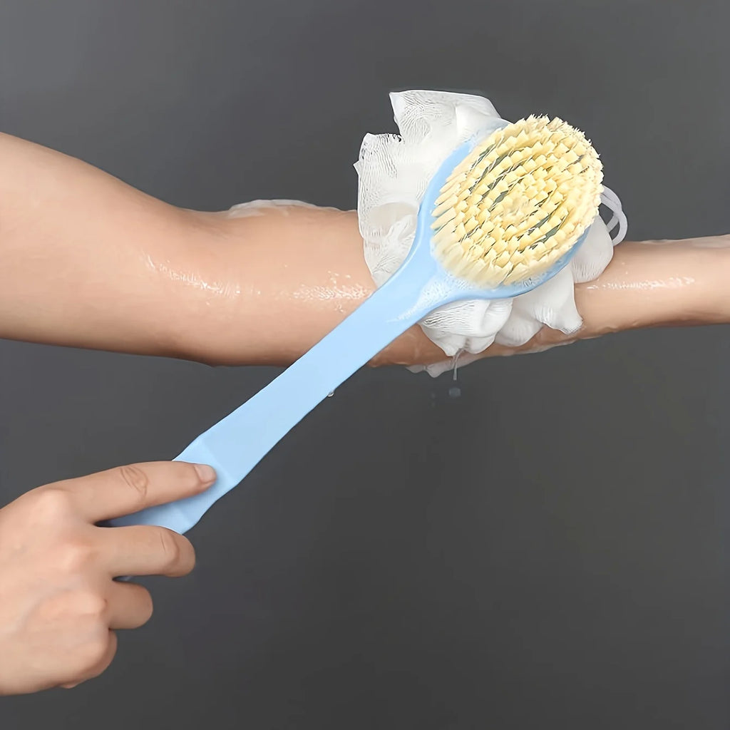 Soft Loofah & Bristles Bath Body Brush — Long Handle Shower Brush for Body, Face & Spa Washing