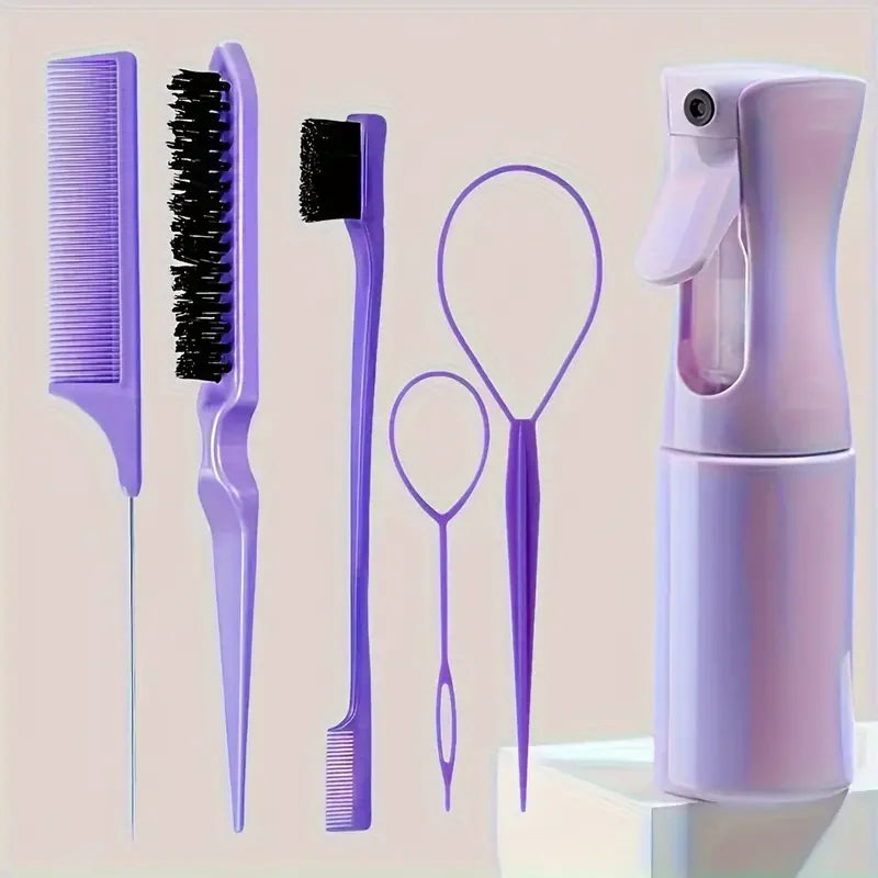 6-Piece Hair Brush Set – Spray Bottle, Braiding Loop, Rat Tail Comb & Edge Control Brush