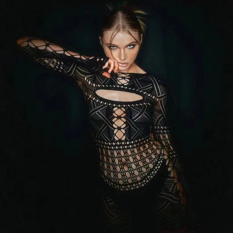 Women's Hollow Out Lace Bodycon Jumpsuit – Sexy Tight Lingerie Long Dress