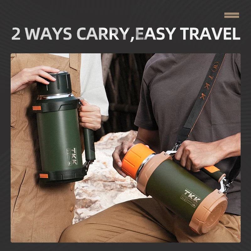 TKK 2000ml 316 SS Vacuum Thermos Flask with Rope – BPA-Free, Hot & Cold, Ergonomic Spout, 68oz Large Capacity
